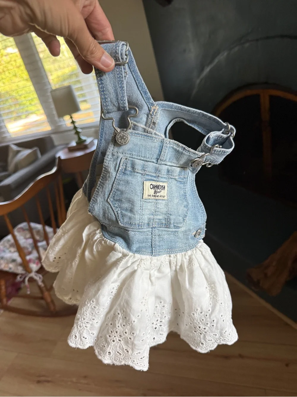 OshKosh B'gosh Light Blue Denim baby Overalls Dress with White Eyelet Skirt